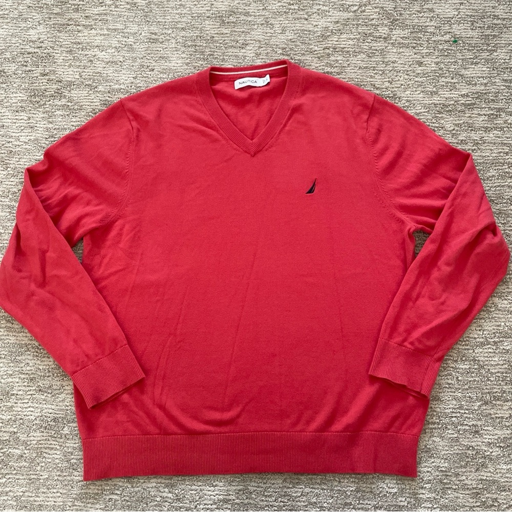 Nautica Men's Classic V-Neck Coral Red Sweater Size XL 100% Cotton Long Sleeve